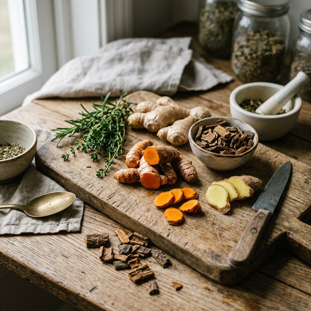 Fresh botanical roots and herbs